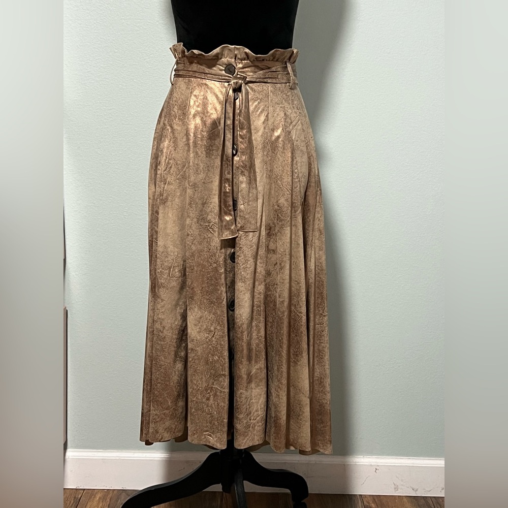 Zara Basic Metallic Gold Button Front Belted Faux… - image 2